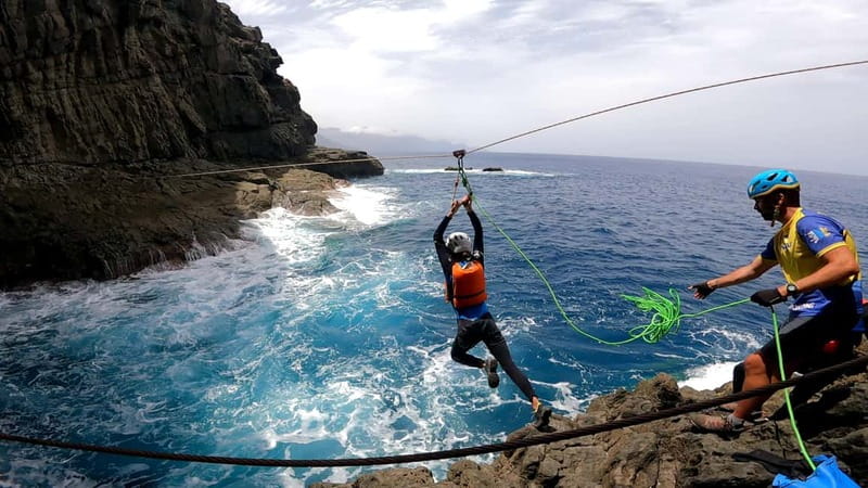 Agaete: Gran Canaria Coasteering. Marine Ferrata and Zipline - The 35-meter zipline over the water